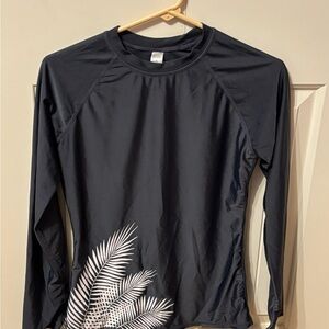 Black Rash Guard Swim Suit Long Sleeve Shirt with White Leaf Design